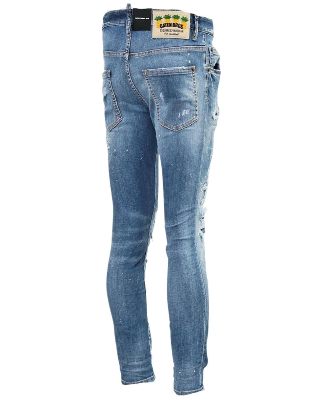 DSquared² Blue Super Twinky Jean Paint Splash Reinforced Ripped Jeans for men
