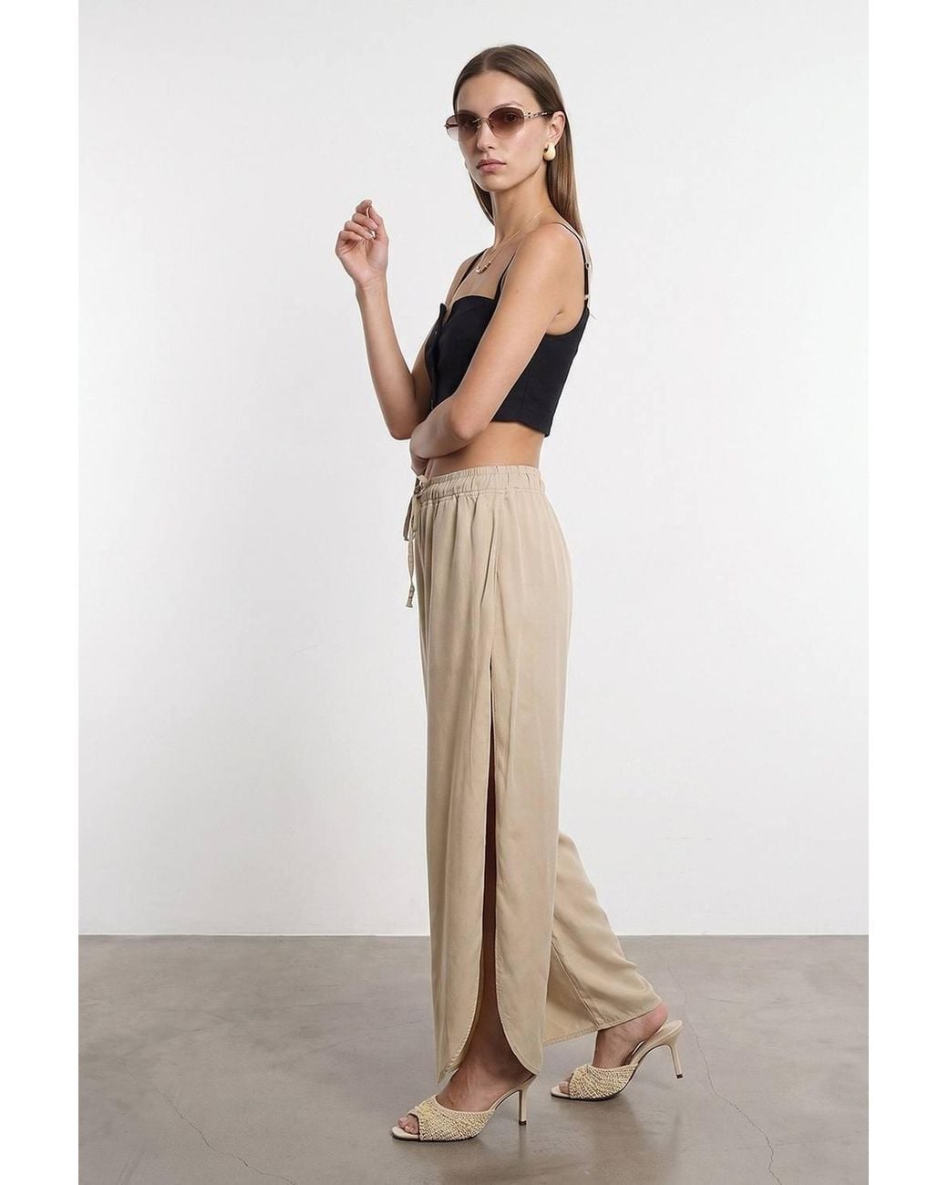 Dilvin Natural Tencel Wide-Leg Crepe Trousers With Slit