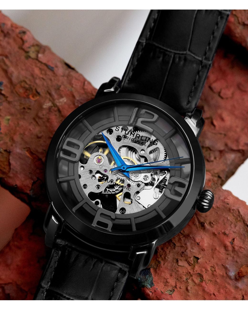 Stuhrling Black Winchester Automatic 42 Mm Skeleton Watch With Leather Band for men