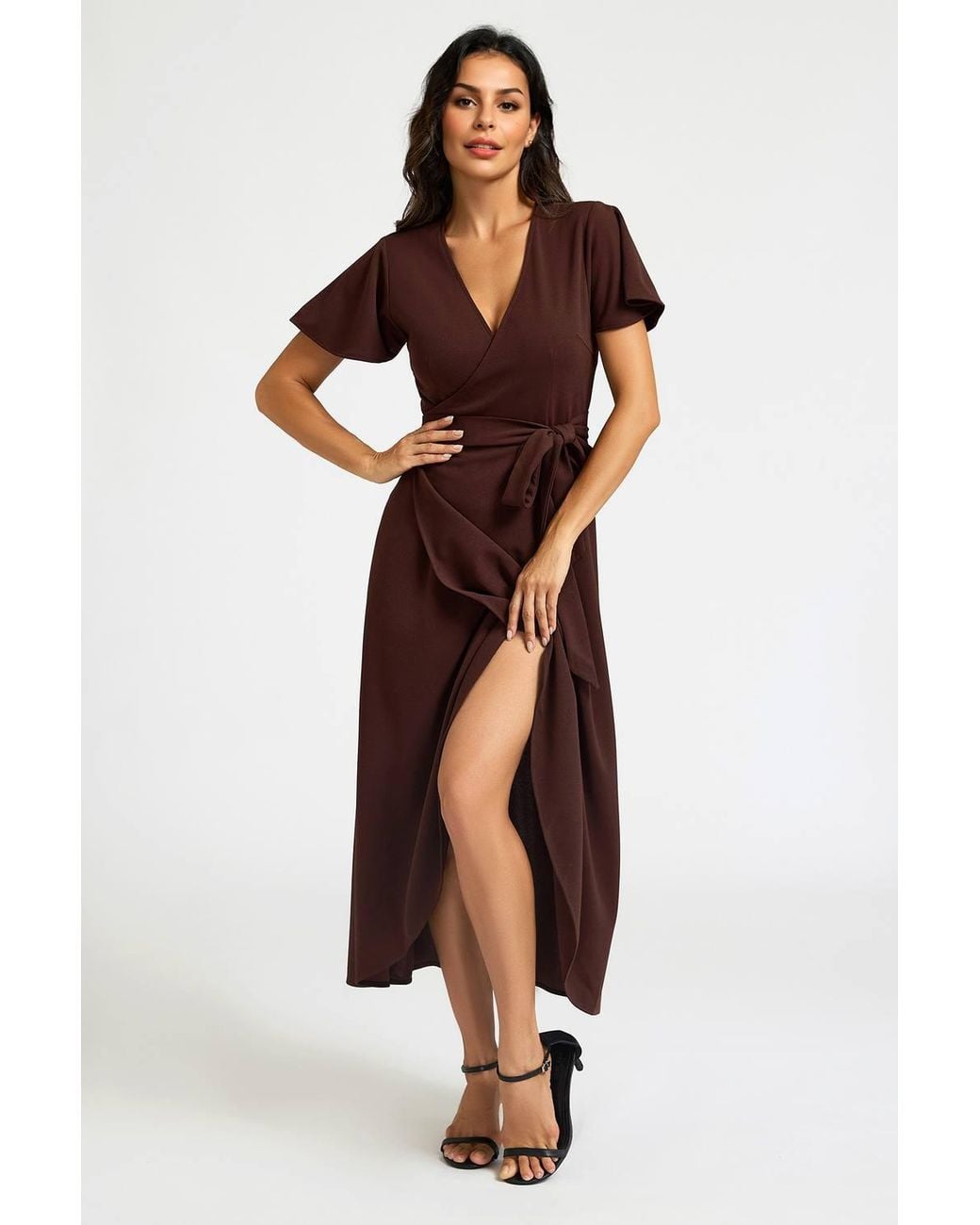 FS Collection Brown Flutter Sleeve Wrap Front Midi Dress