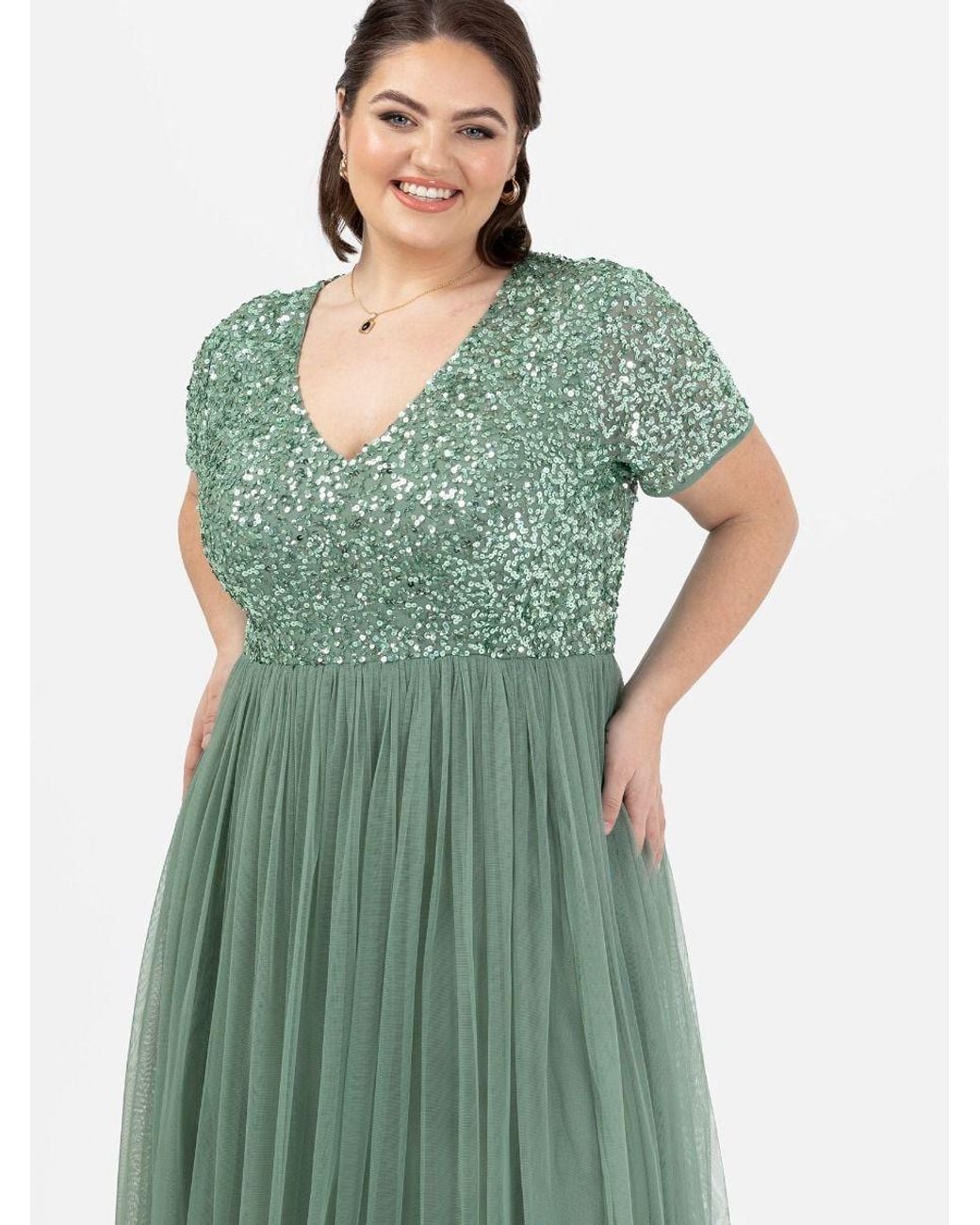 Maya Deluxe Green Short Sleeve V Neck Embellished Maxi Dress