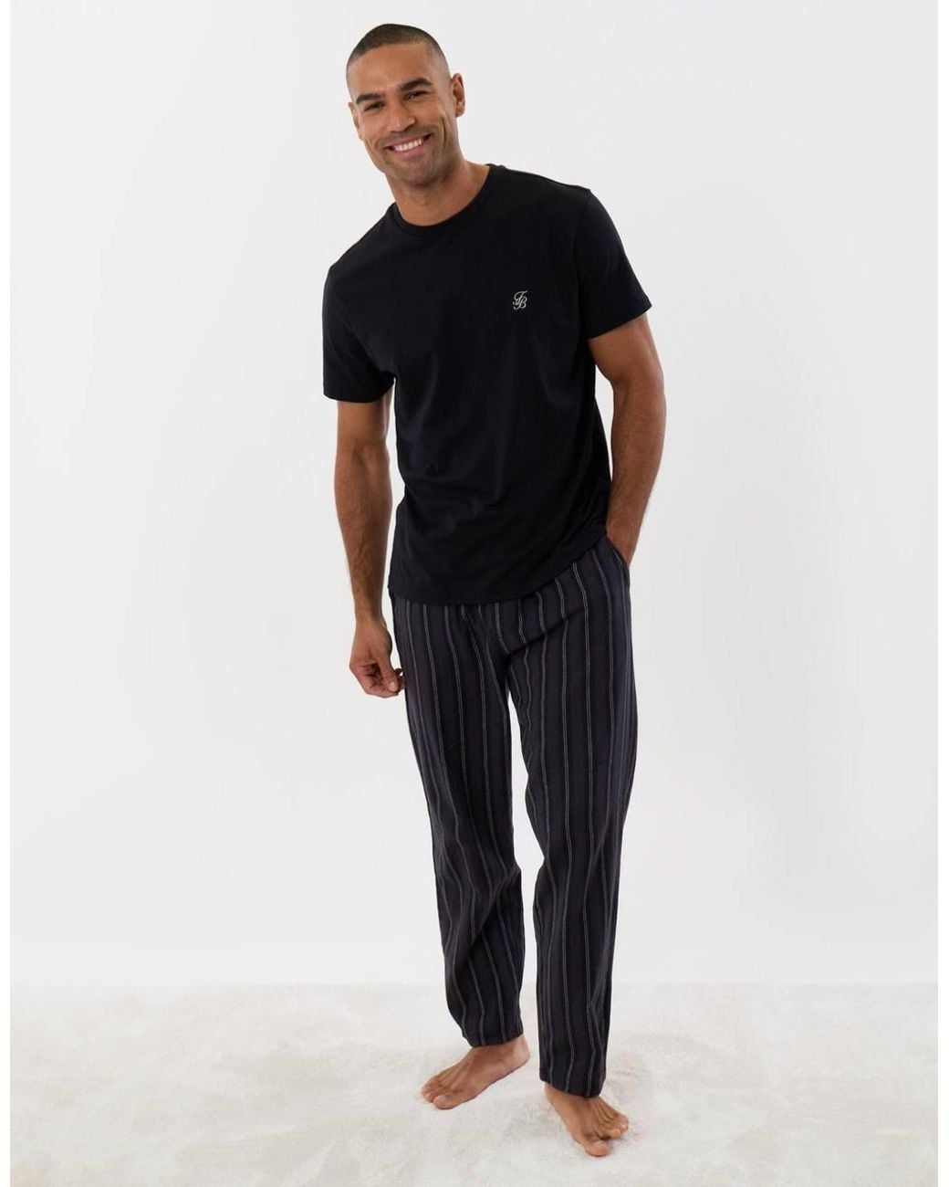 Threadbare Black T-Shirt & Cotton Flannel Trousers Pyjama Set for men