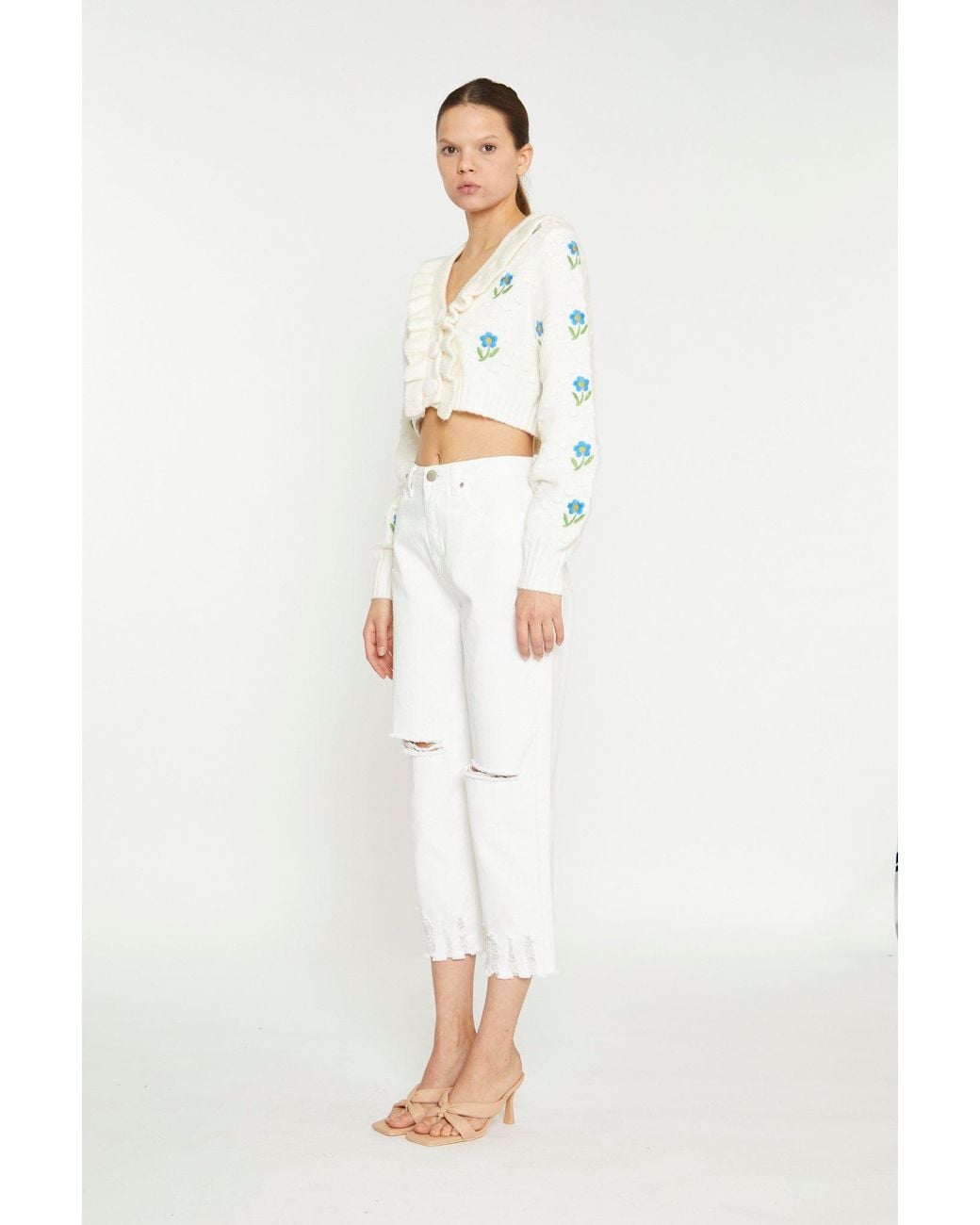 Shnoo White Ruffle Embroidered Cardigan