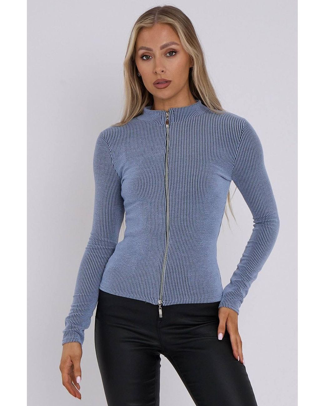 Stylewise Blue Ribbed High Neck Zip Up