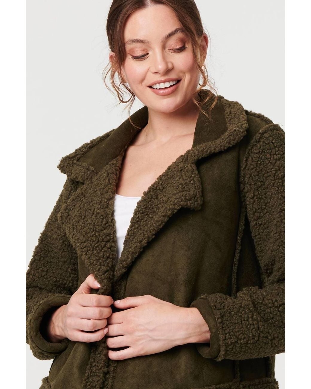 Izabel London Green Faux Suede Teddy Lined Biker Jacket