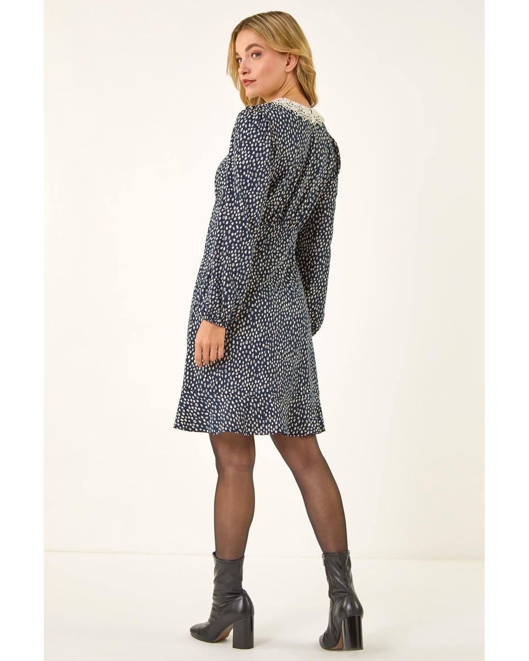 D.u.s.k Blue Lace Collar Spot Print Dress