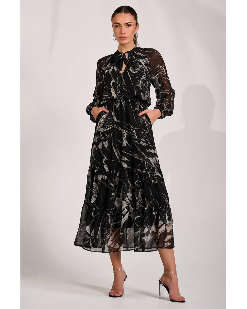 Jolie Moi Black Chiffon Long Sleeve Tiered Maxi Dress