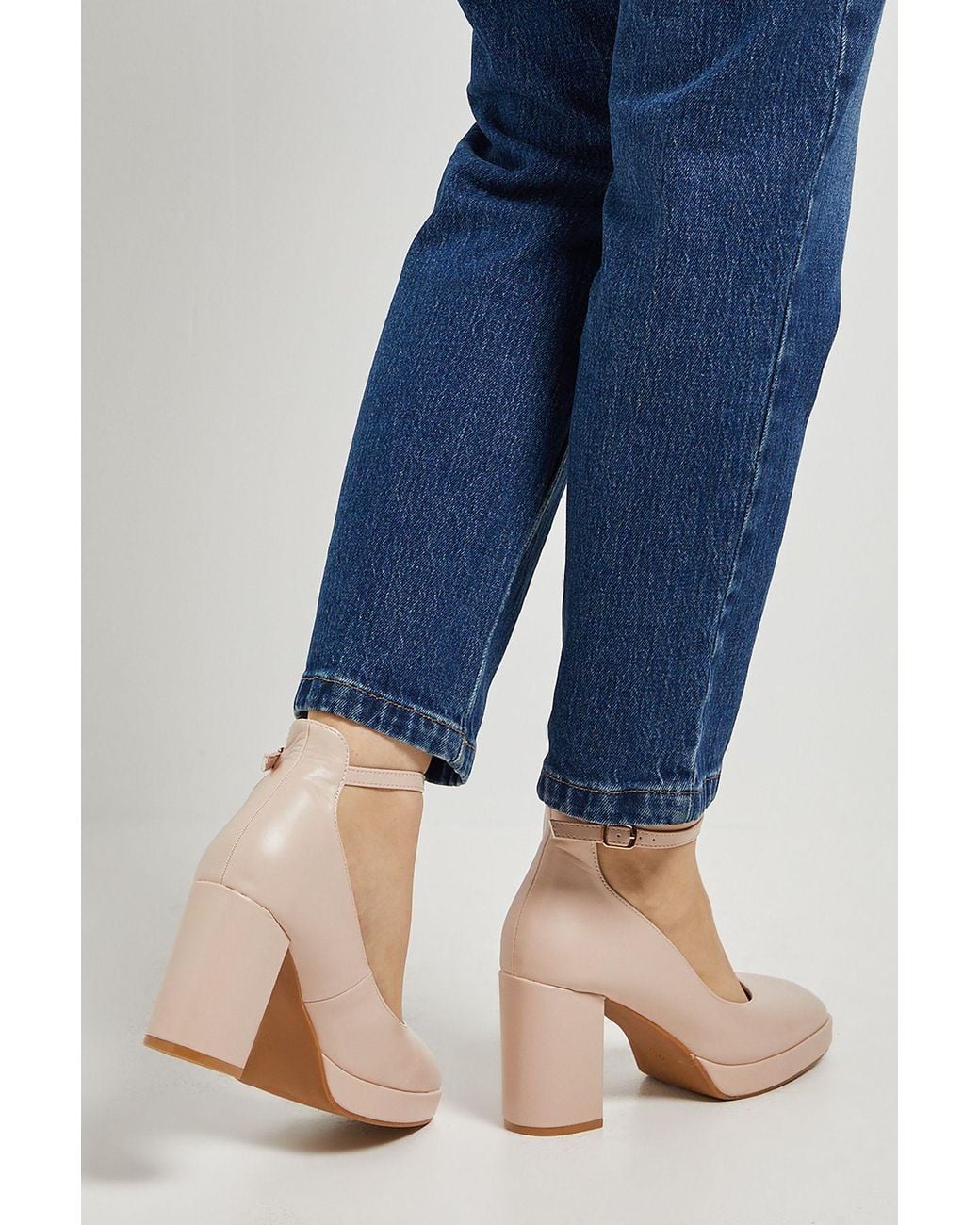 Dorothy Perkins Blue Vanessa Faux Leather Platform Ankle Strap High Block Heel Court Shoes