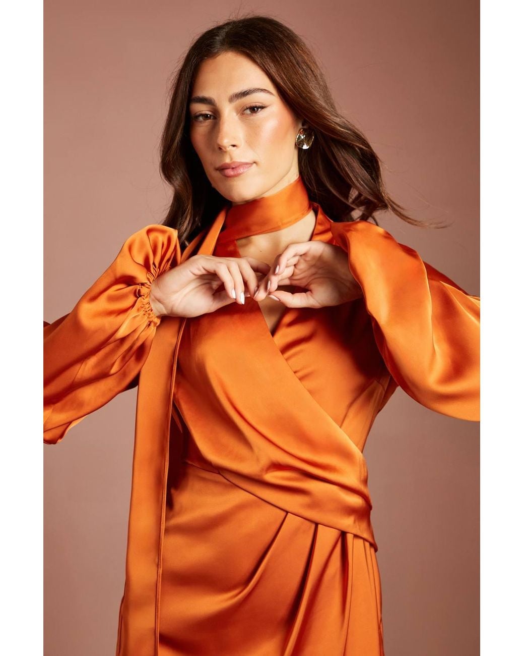 Coast Orange Wrap Bodice Blouson Sleeve Satin Midi Dress