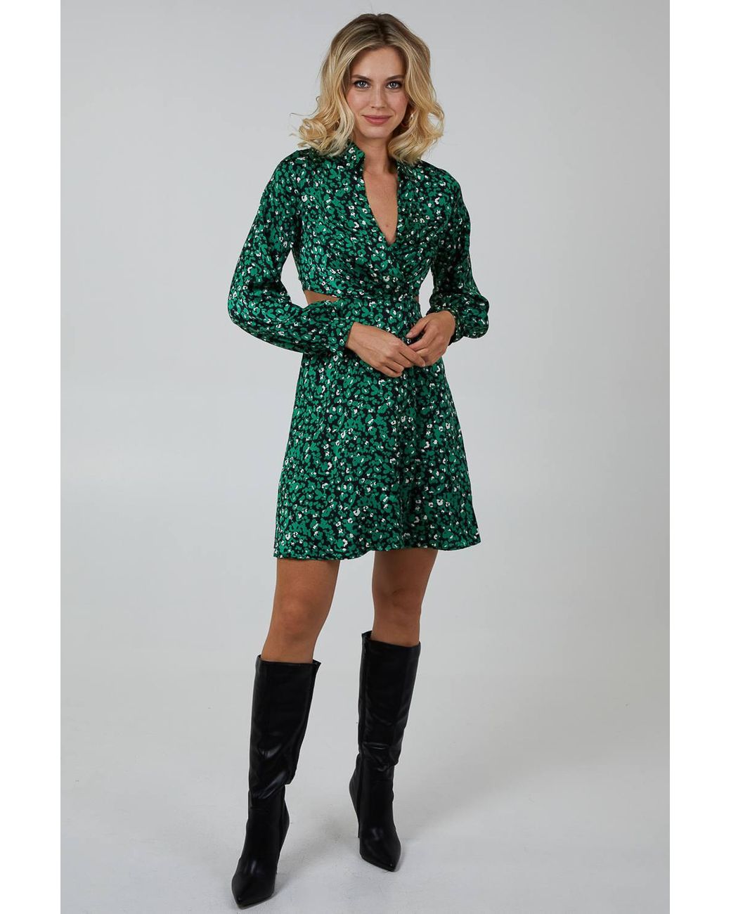 Blue Vanilla Green Keyhole Wrap Bust Shirt Dress