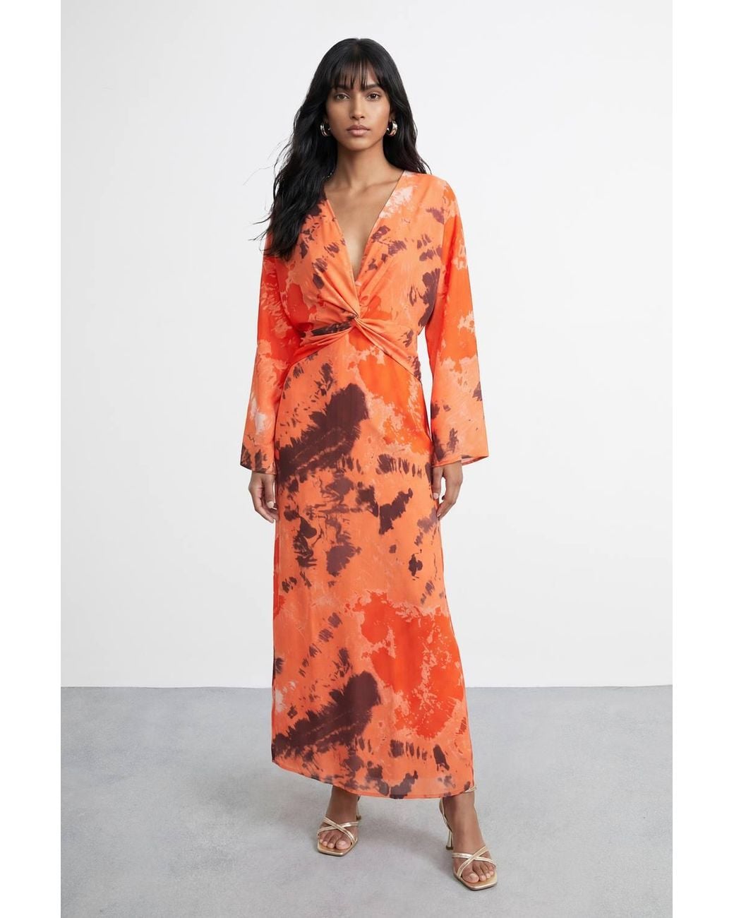 Warehouse Red Chiffon Wrap Knot Front Maxi Dress