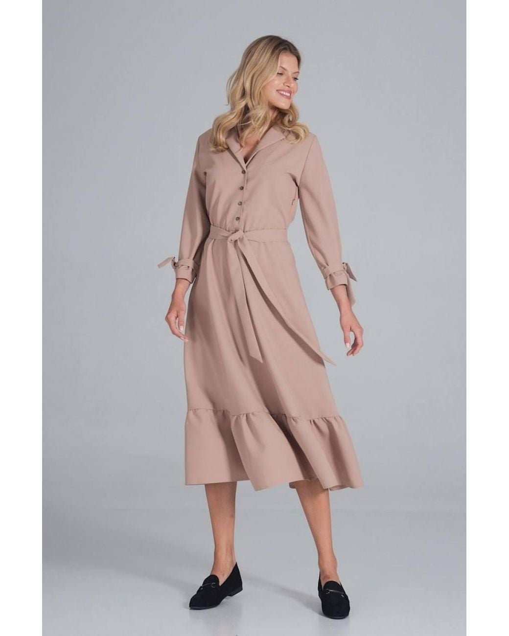 Love Lace Natural Flared V-Neck Long Sleeve Maxi Dress