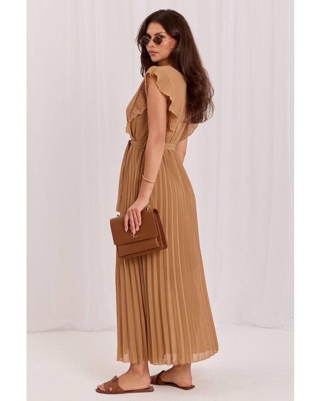 Love Lace Brown Viscose Wrap Sleeveless Midi Dress With Ties