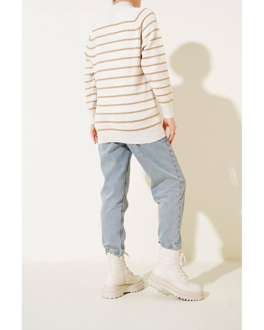 Bigdart Natural Striped Knit Sweater With Button Closure