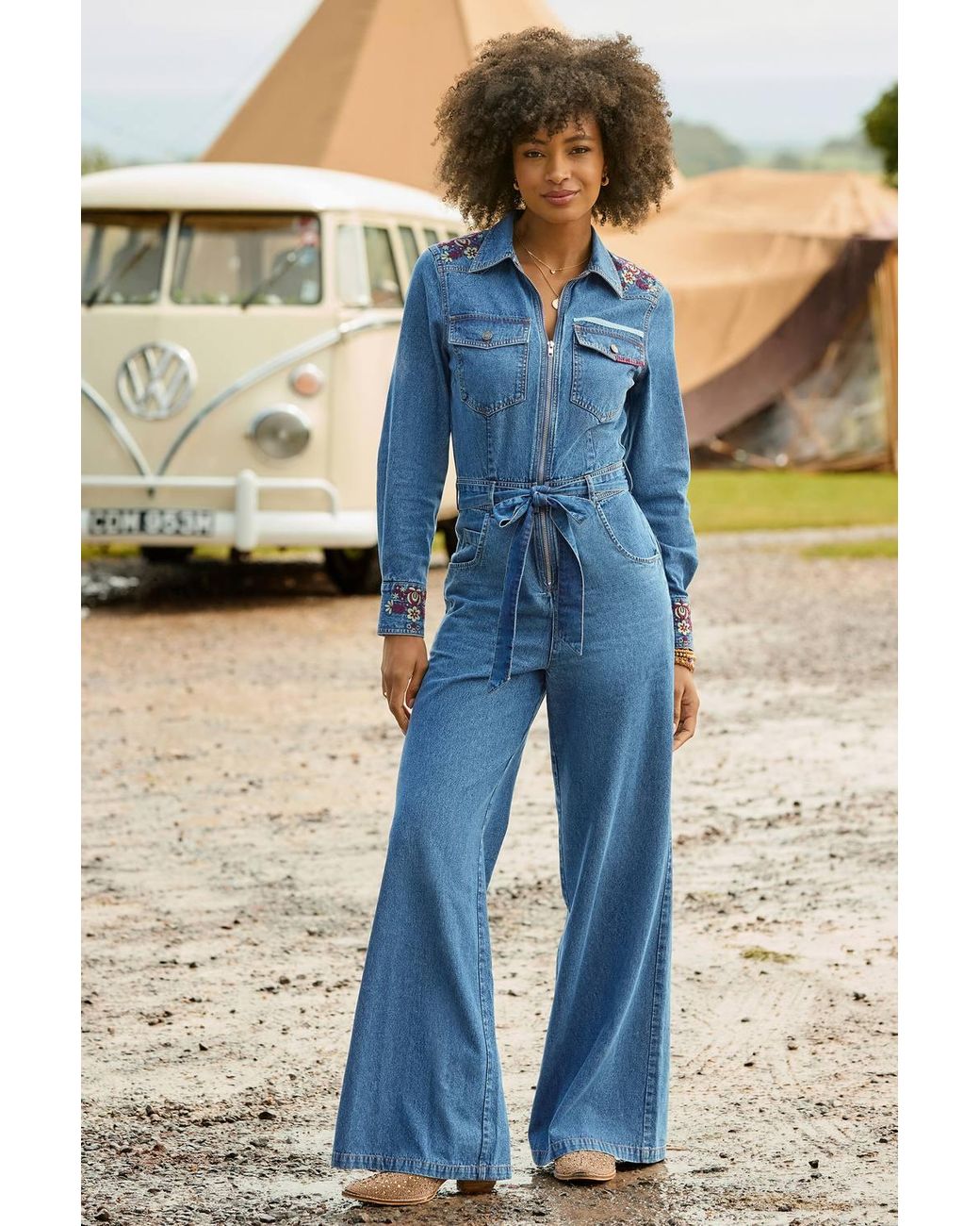 Joe Browns Blue Goldie Embroidered Denim Jumpsuit