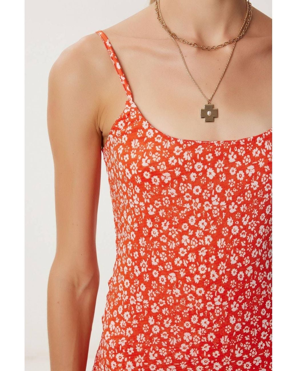 Happiness İstanbul Red Square Collar Sleeveless Floral Midi Dress