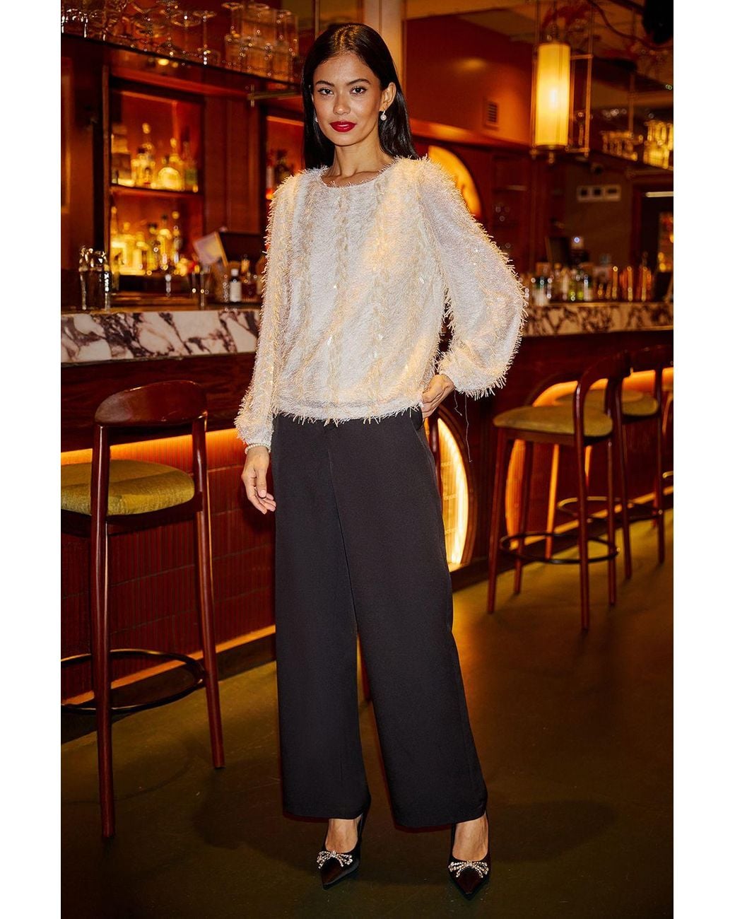 Yumi' Red Hanging Sequin Long Sleeve Top