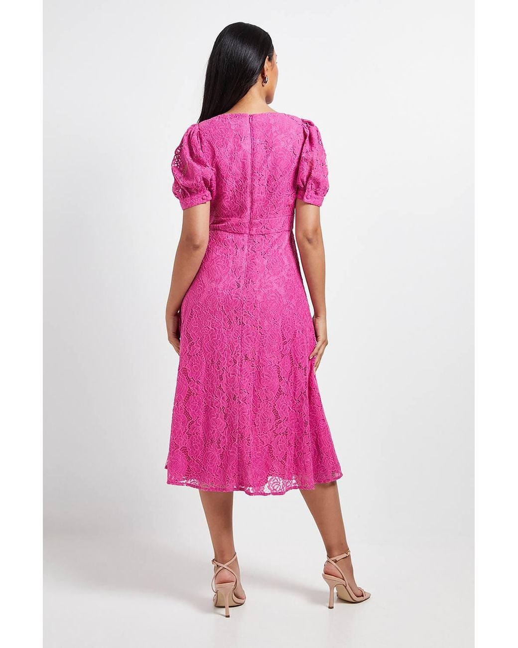 Wallis Pink Petite Lace V Neck Tea Midi Dress