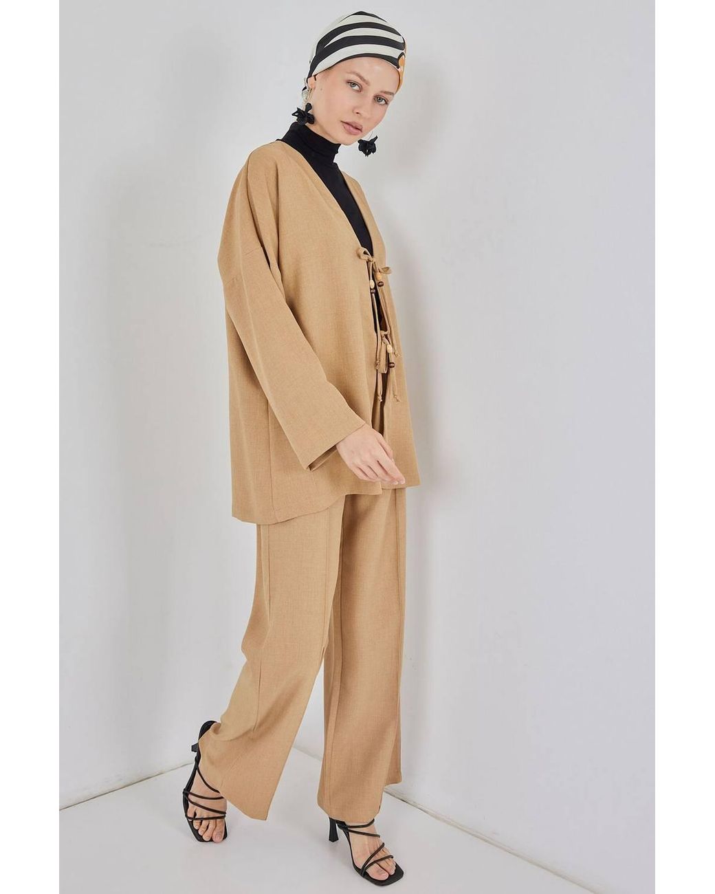 Bigdart Natural V-Neck Cardigan & Wide Leg Pants Set