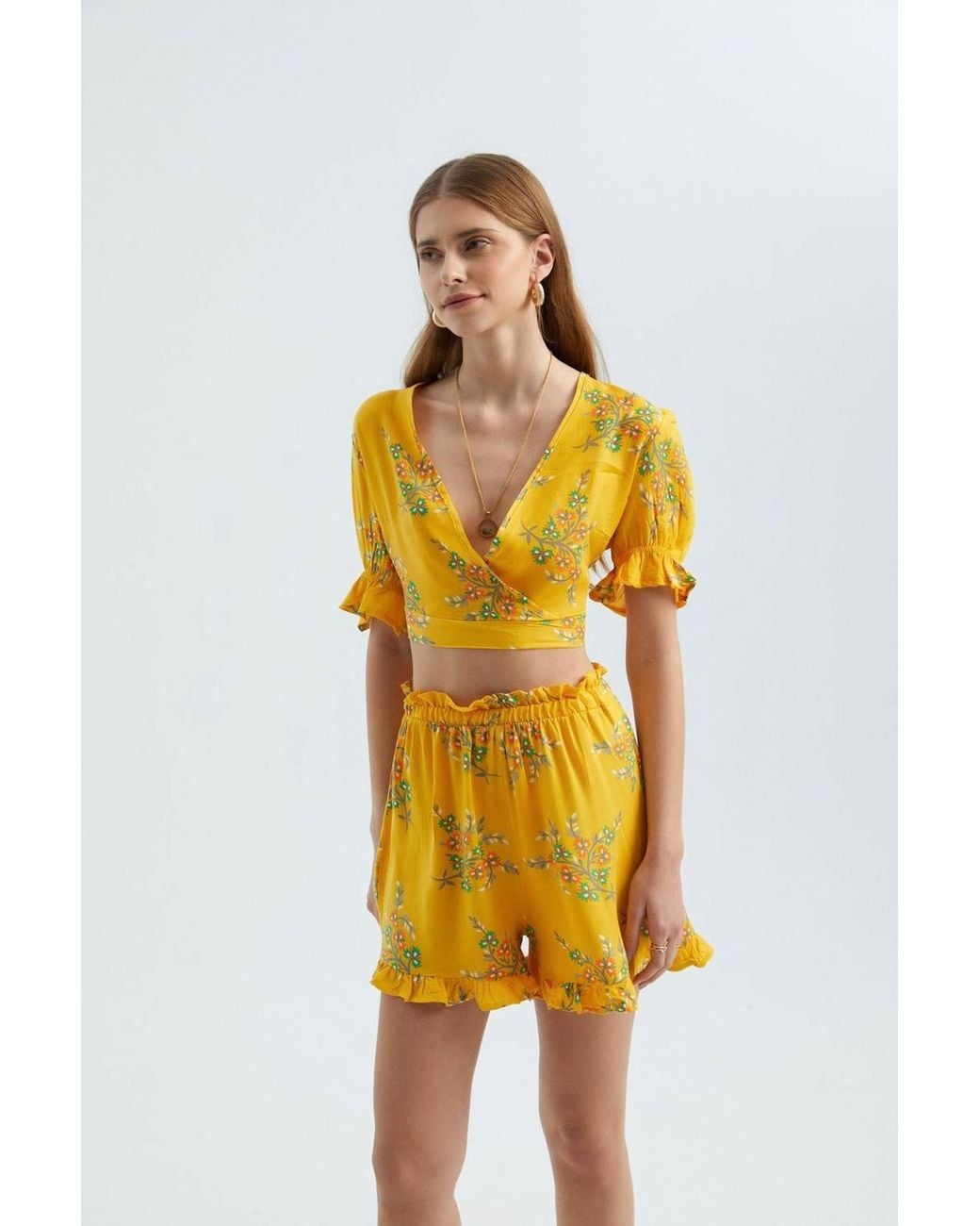 Hiccup Yellow Floral Surplice Neck Short Sleeve Crop Top