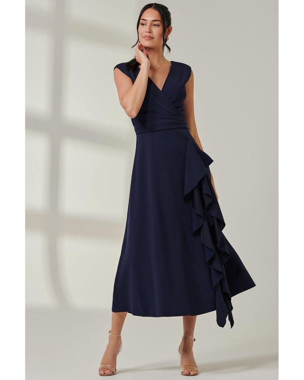 Jolie Moi Blue Wrap Front Frill Detail Maxi Dress