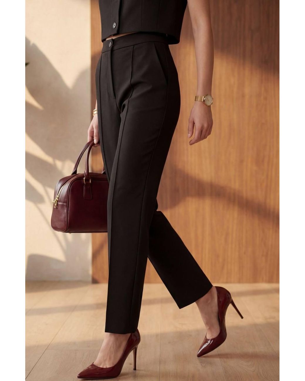 My Fashion Brown Crew Neck Crop Vest & High Waist Pants Two-Piece Set