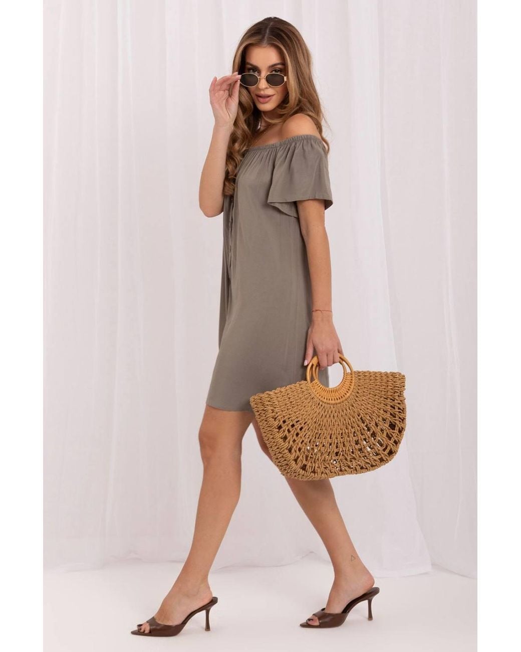 Love Lace Brown Viscose Oversized Short Sleeve Bardot Dress