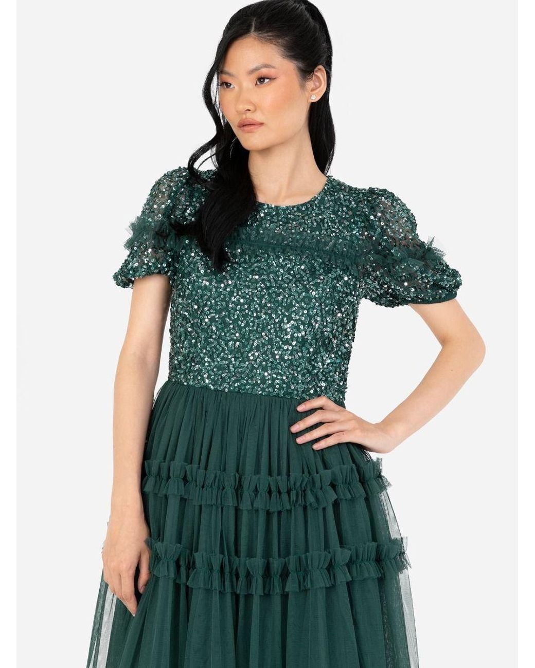 Maya Deluxe Green Embellished Short Sleeve Midi Dress