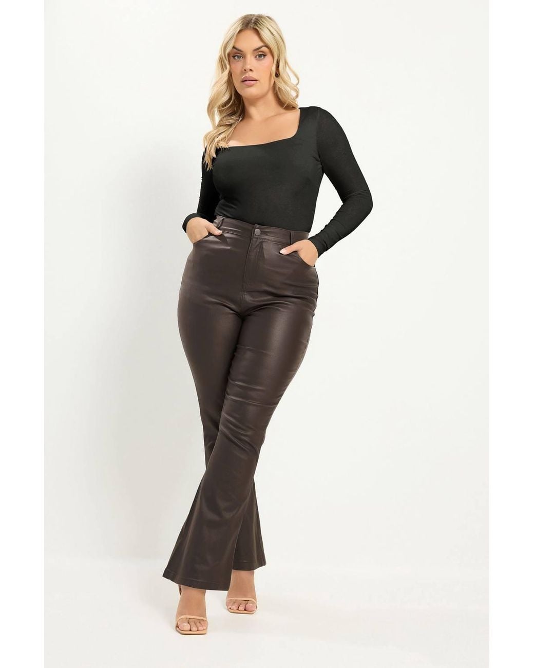 Yours Black Wide Leg Coated Flare Trousers