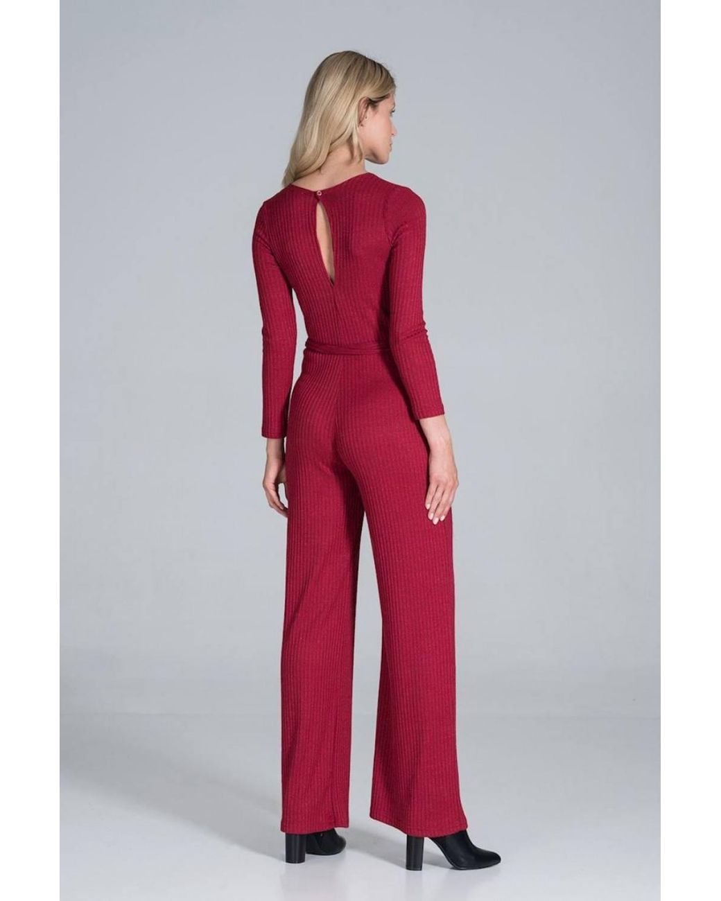 Love Lace Red Ribbed Knit Long Sleeve Wide Leg Jumpsuit