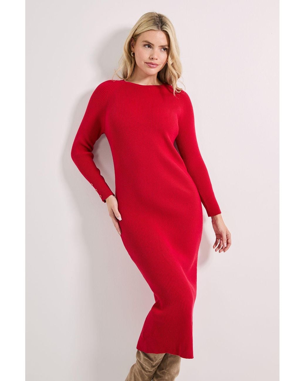 Dorothy Perkins Red Button Cuff Slim Knitted Midi Dress