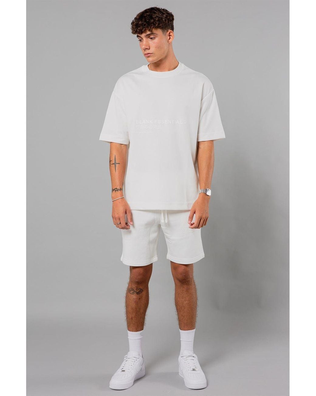 Blank Essentials White Cotton Blend Japanese Graphic Print Shorts for men