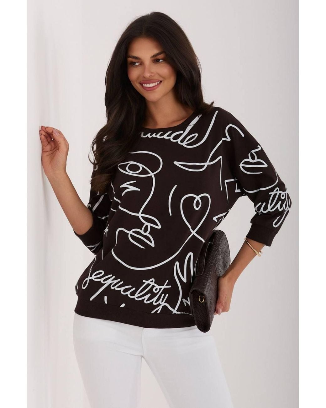 Love Lace Black Cotton Printed Round Neck 3/4 Sleeve Blouse