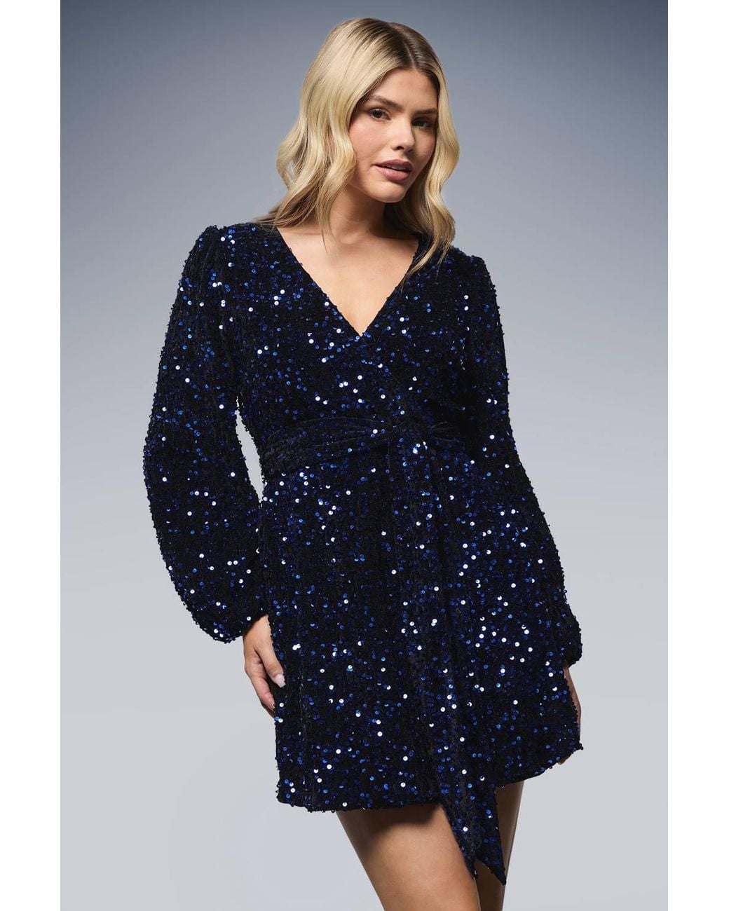 Dorothy Perkins Blue Wrap Velvet Sequin Long Sleeve Mini Dress