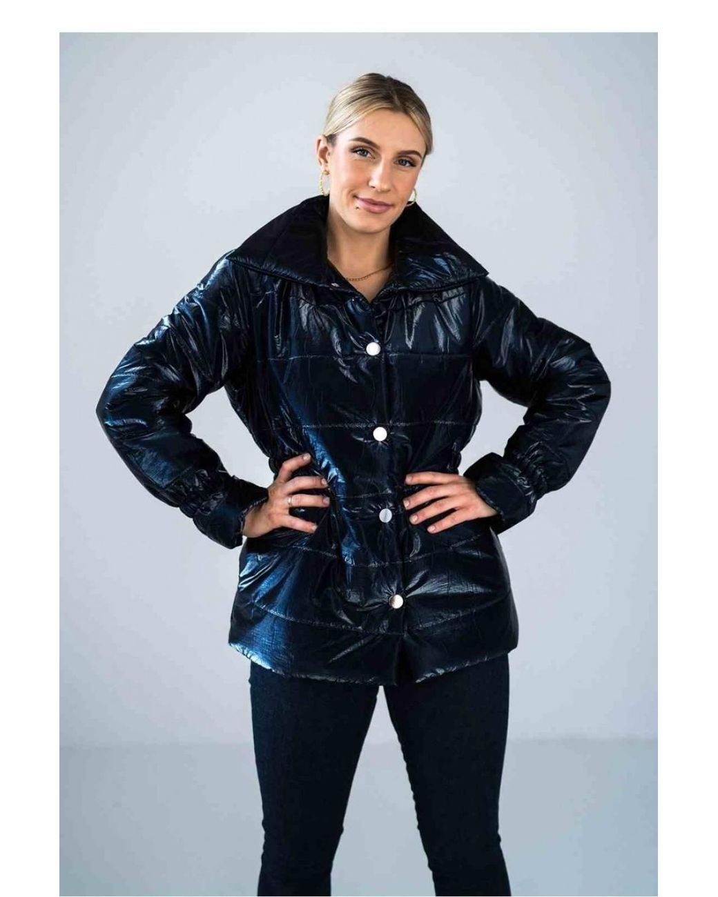 Love Lace Blue Shiny Quilted High Collar Hip Jacket Style 174067