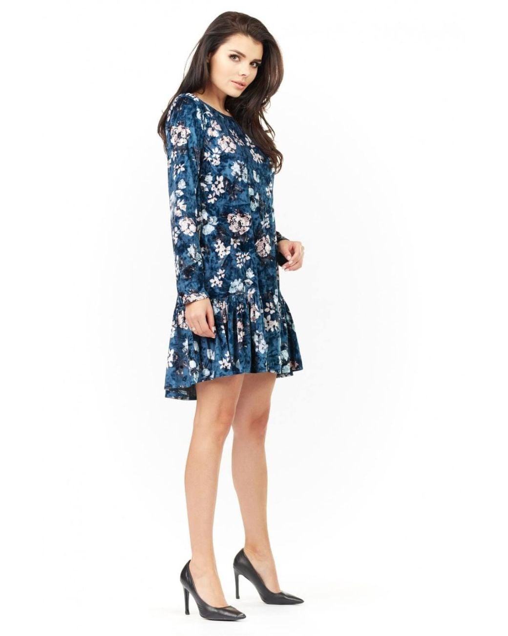 Love Lace Blue Stretch Dress With Ruffles & Long Sleeves