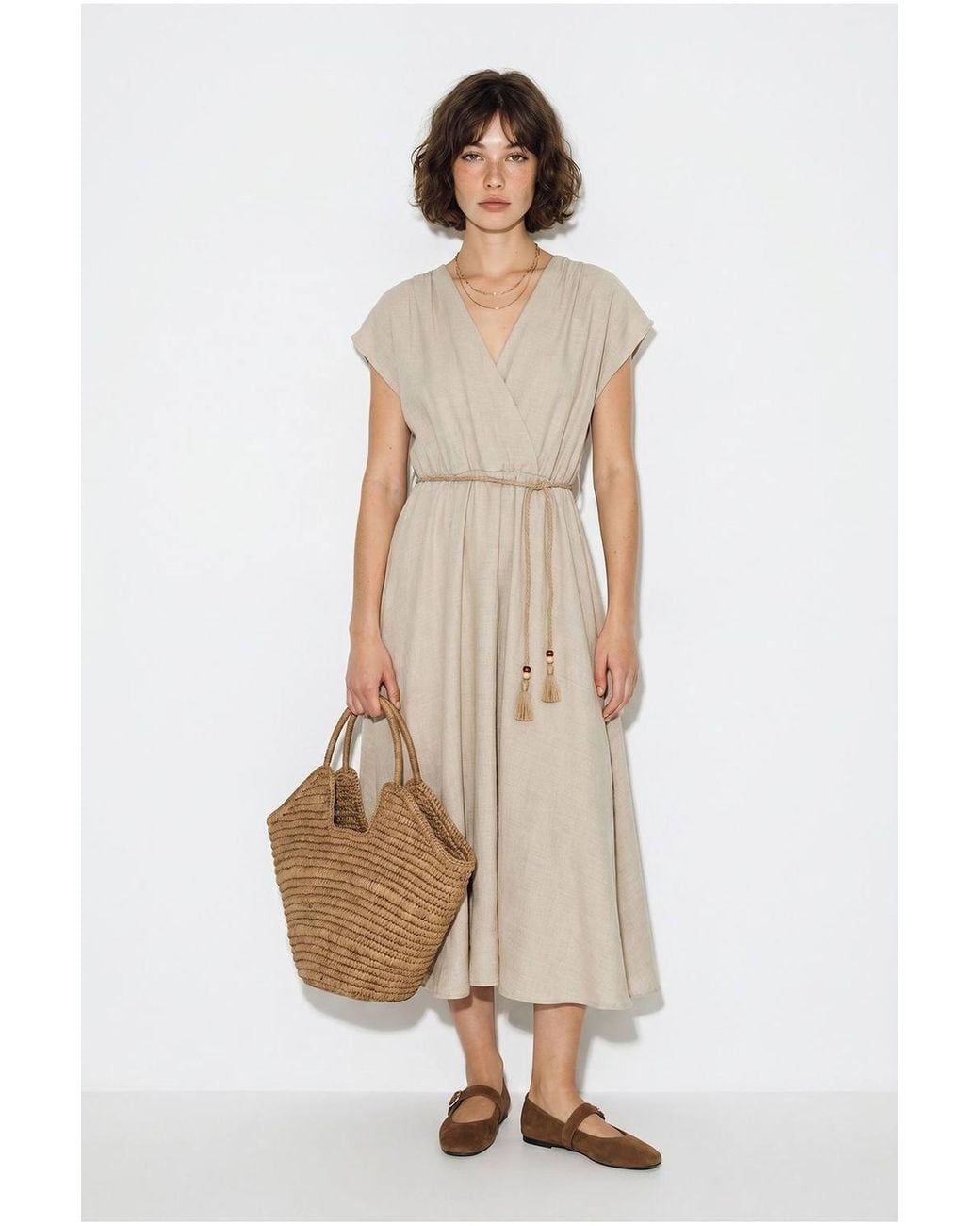 Bianco Lucci Natural Belted Wrap Midi Dress