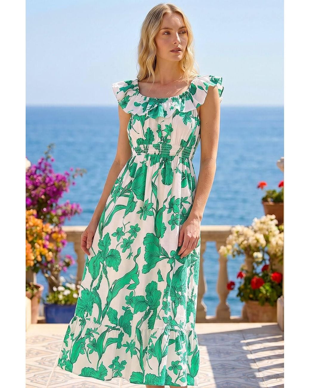 Roman Blue Floral Print Frill Shirred Midi Dress