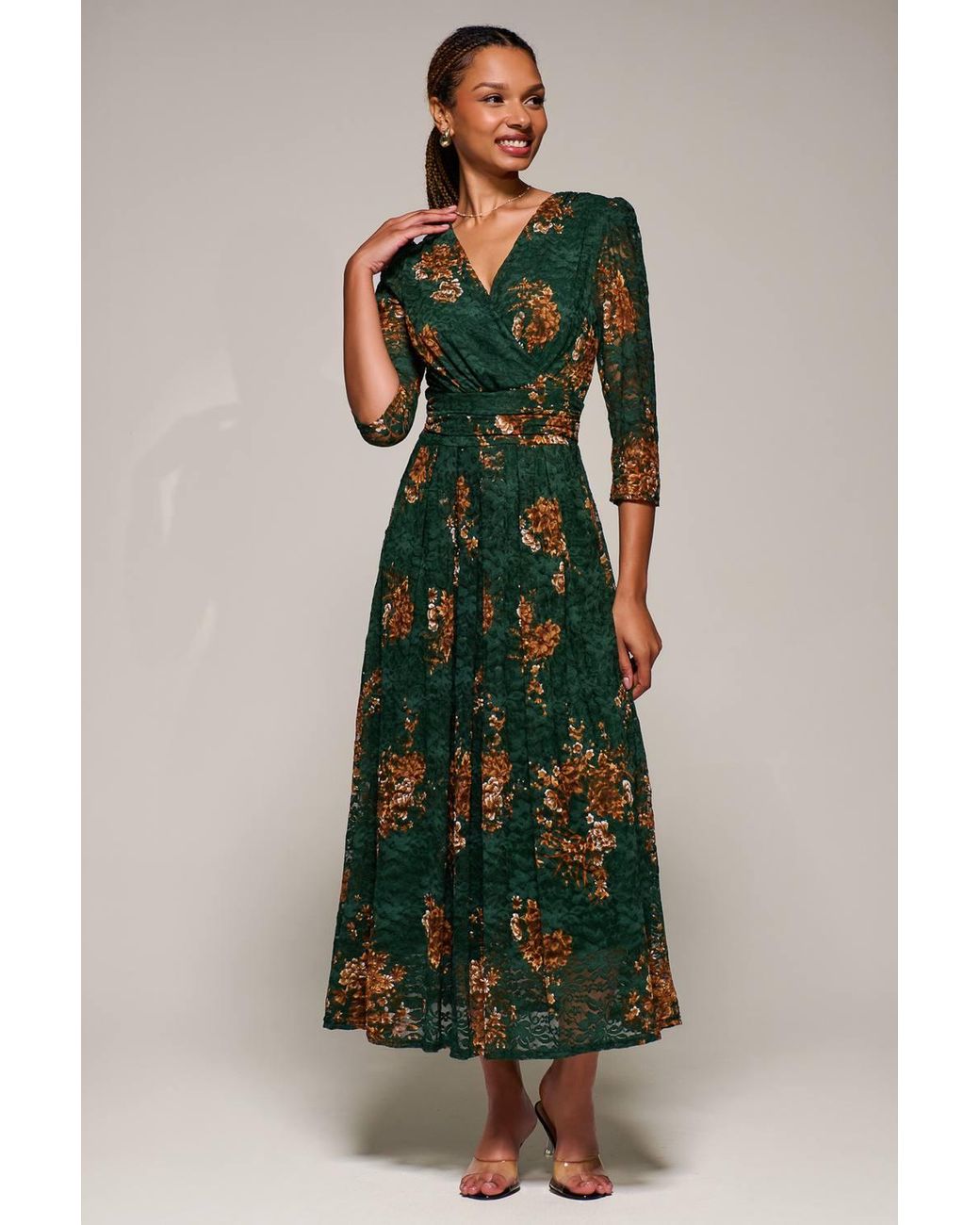 Jolie Moi Green Three Quarter Sleeve Printed Lace Maxi Dress
