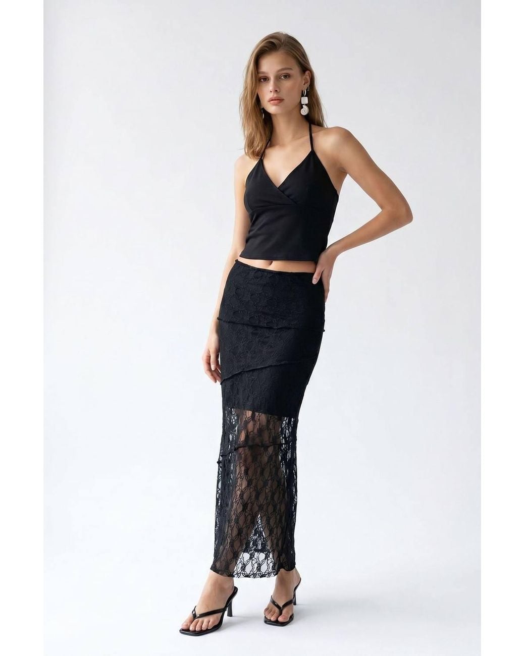 MixRay Blue High Waist Lace Midi Skirt