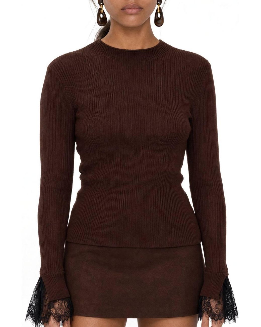 MixRay Brown Slim Fit Ribbed Knit Sweater With Crew Neck