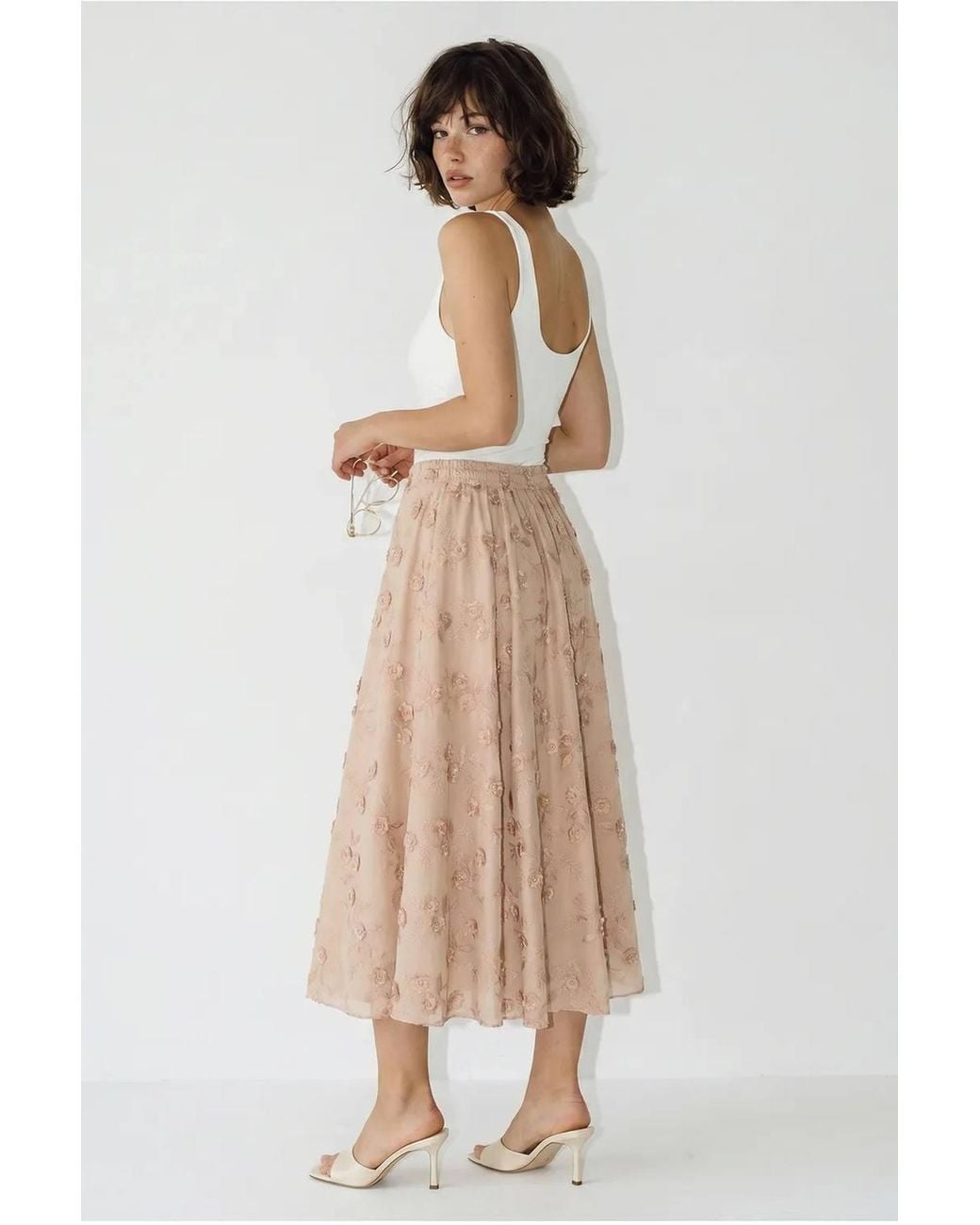 Bianco Lucci Natural Embroidered High-Waist Midi A-Line Skirt