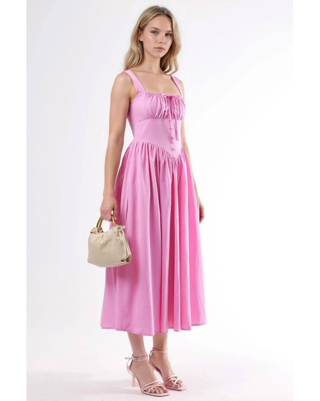 Busem Pink Midi Dress With Square Collar & Button Detail