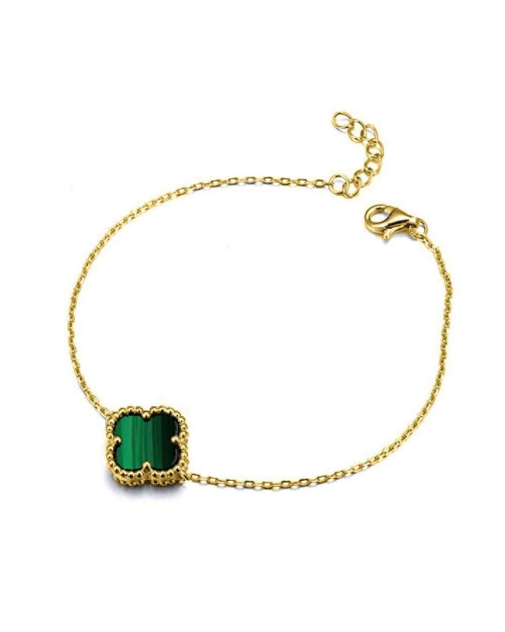 Jewelco London Green Plated Clover Malachite Charm Bracelet 7-8.5"