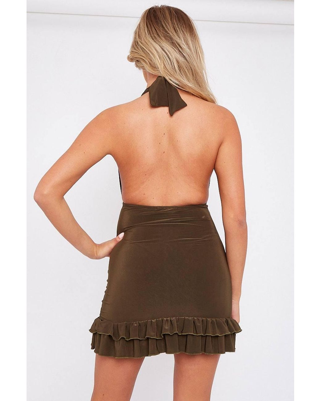 Stylewise Brown Twisted Halter Frill Hem Mini Dress