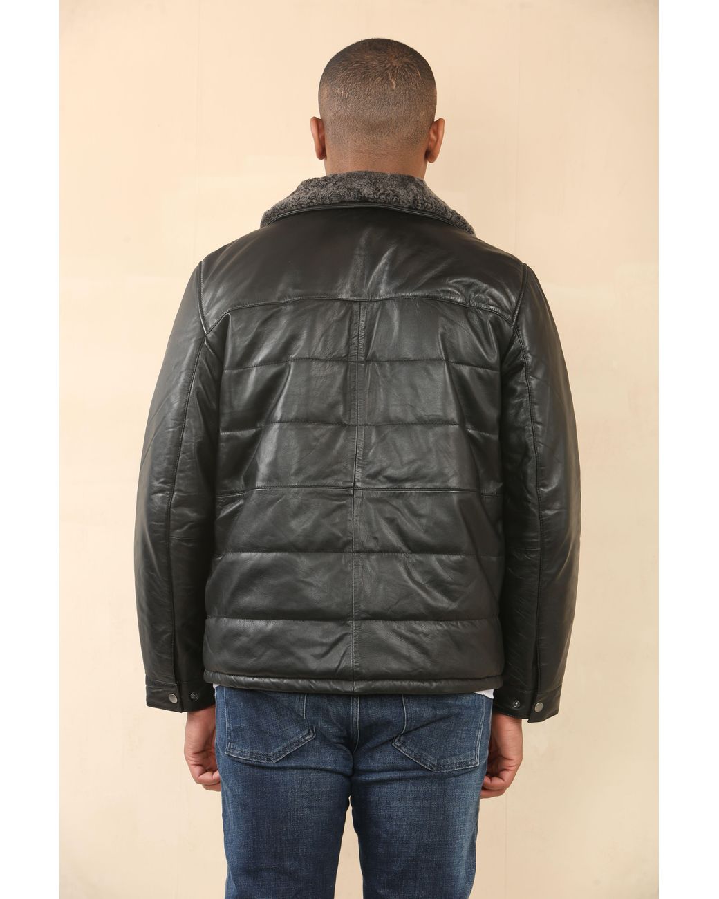 TruClothing Black Quilted Faux Fur Collar Leather Jacket for men