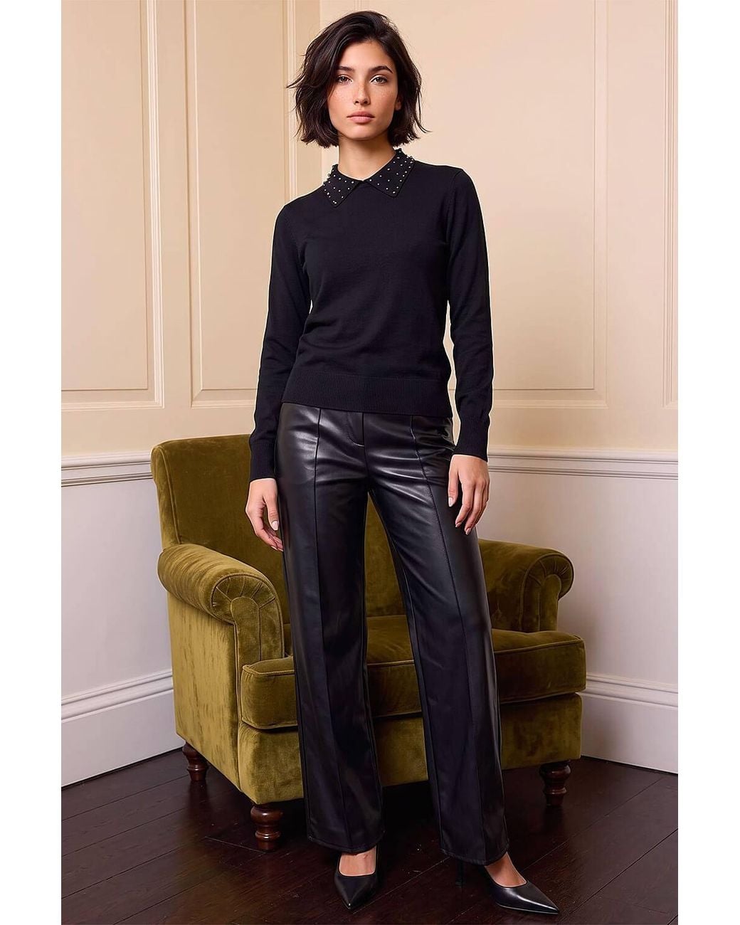Roman Black Petite Faux Pearl Collared Knit Jumper