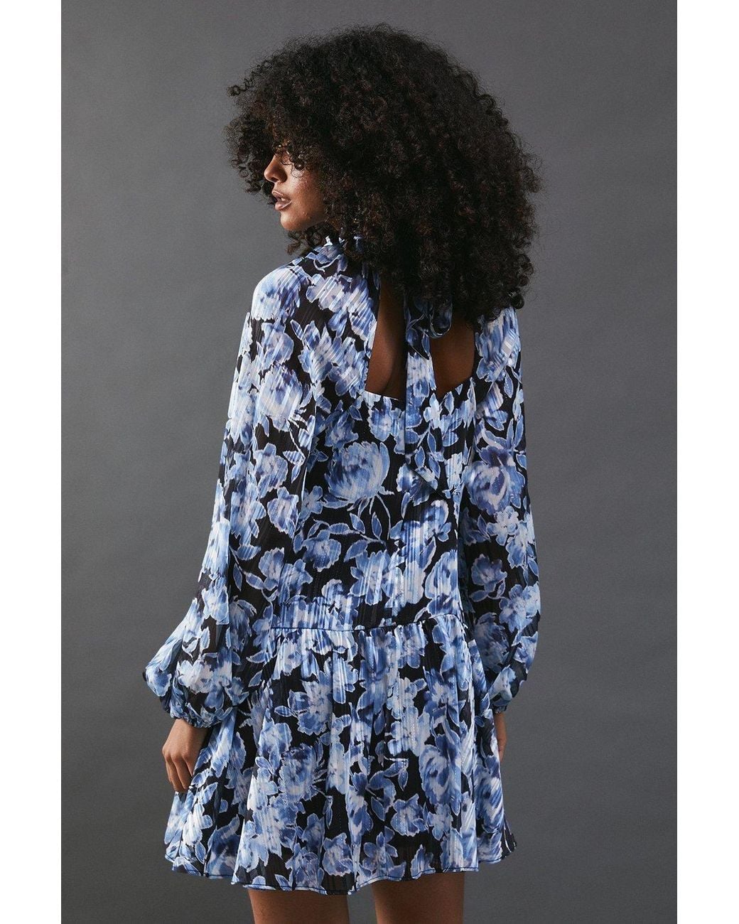 Warehouse Blue Shadow Stripe High Neck Tie Back Mini Dress