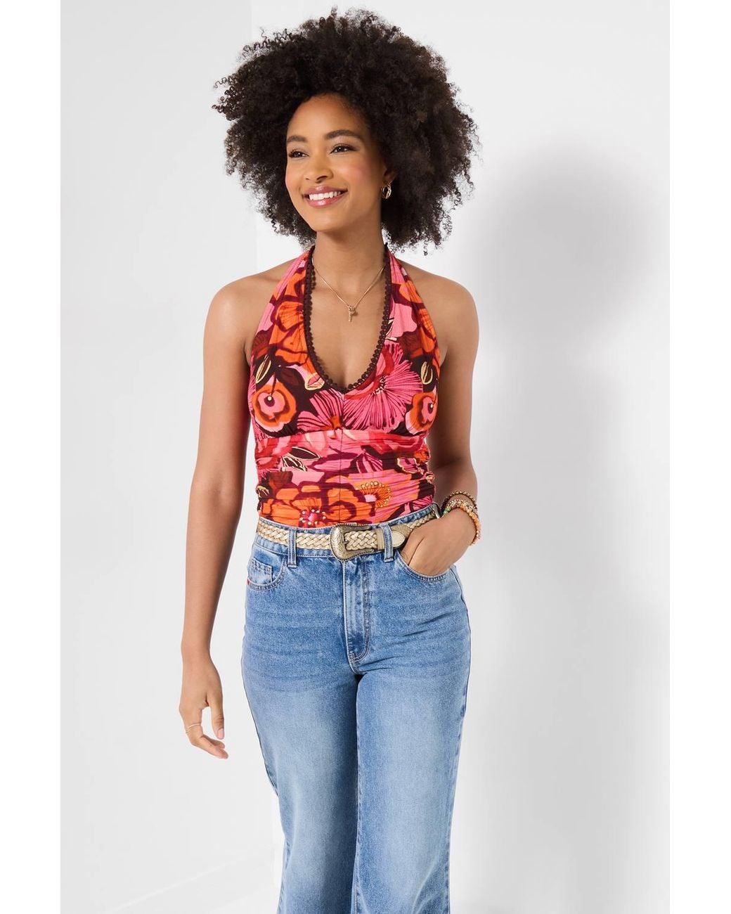 Joe Browns White Floral Halter Top With Pompom Trim & Shirred Back