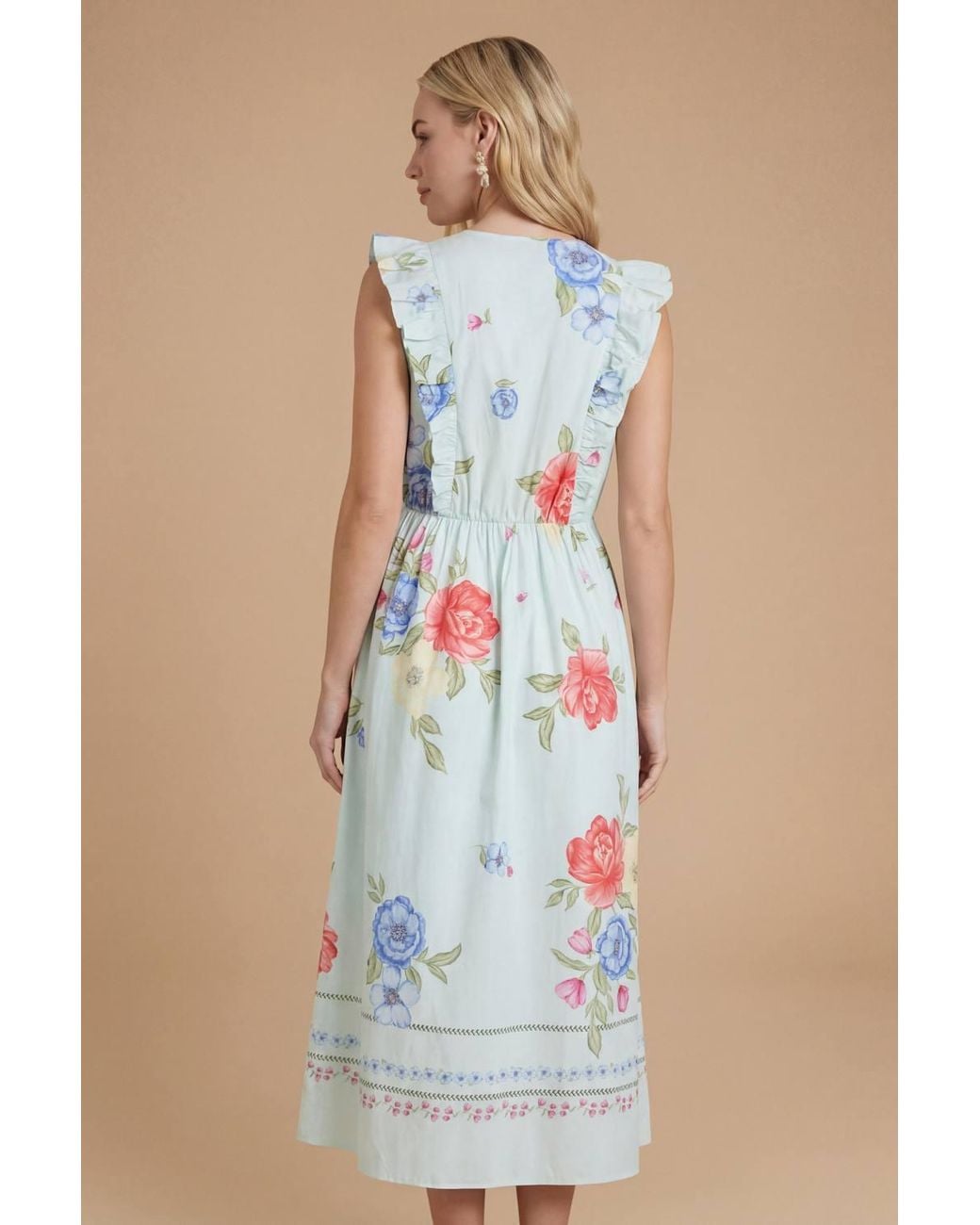 Dorothy Perkins Blue Button Up Front Flutter Sleeve Printed Poplin Midi Dress
